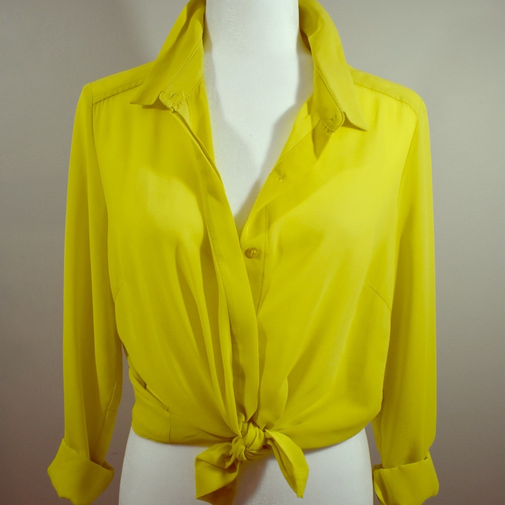 Chiffon Blouse. Hidden Button Placket. Yellow.